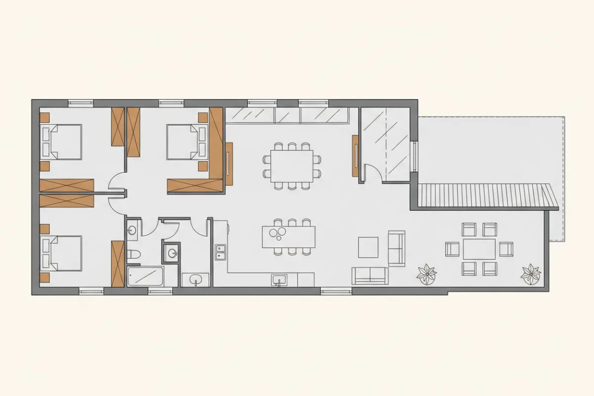 Modern ranch-style floor plan with three bedrooms, open kitchen, and covered patio, minimalist design, 3:2 aspect ratio