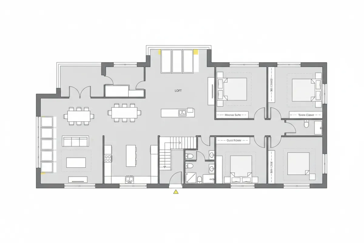 Two-story family home floor plan with four bedrooms, central staircase, and flexible loft space, clean lines, 3:2 aspect ratio