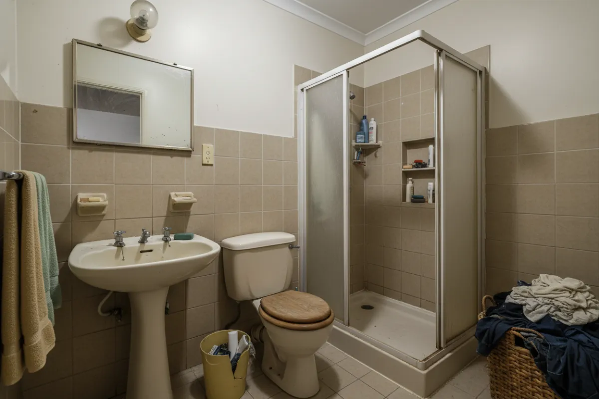 Dated bathroom with beige tiles, old fixtures, and a small shower. The room appears cluttered and lacks modern design elements.