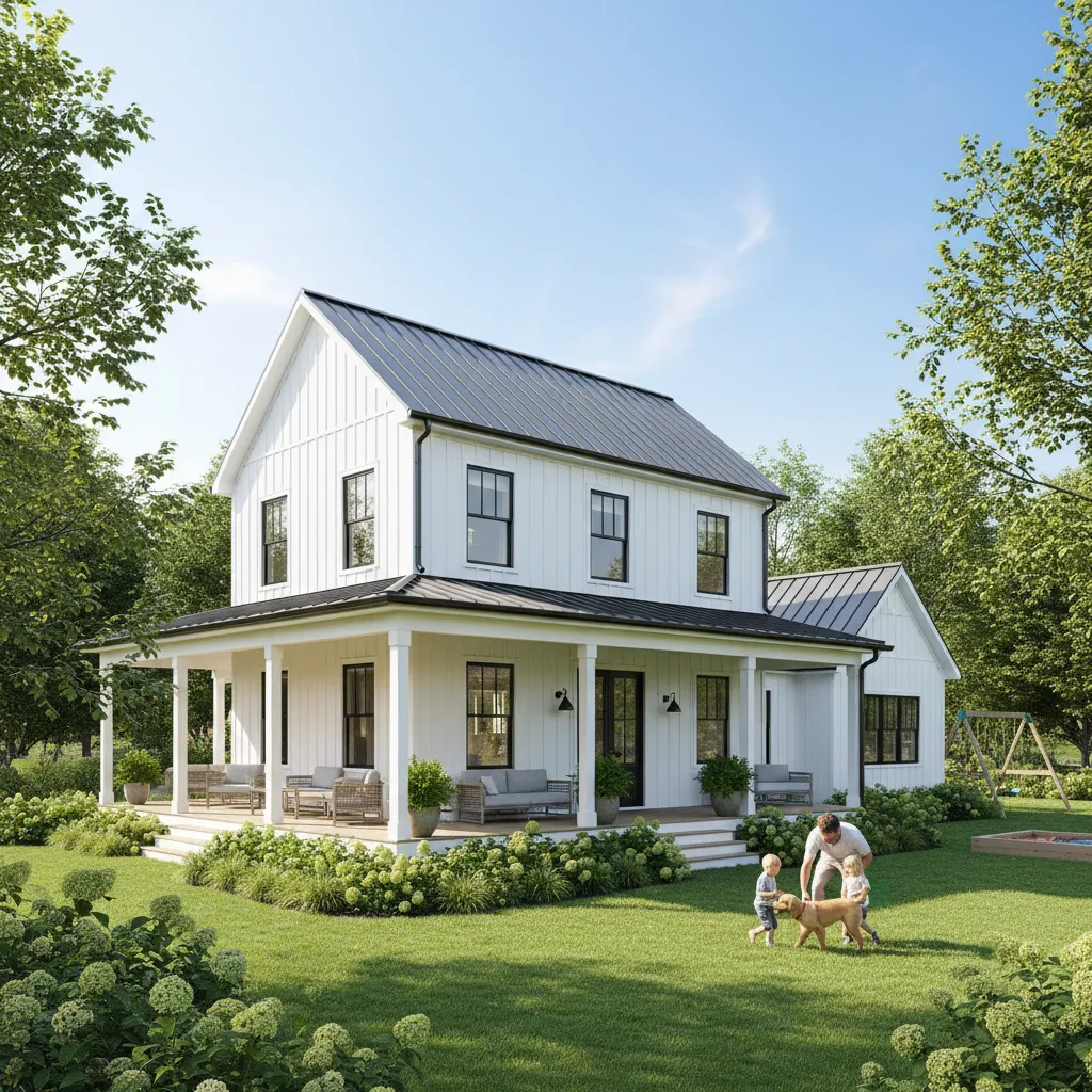 A two-story modern farmhouse with white siding, black windows, and a wraparound porch. Lush landscaping and a family-friendly setting under a sunny sky create a welcoming, contemporary feel.