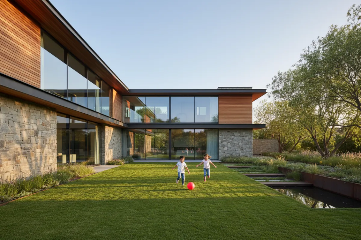A contemporary home exterior with stone and wood accents, expansive windows, and a landscaped backyard. Children play on the lawn, adding vibrancy and warmth to the scene.