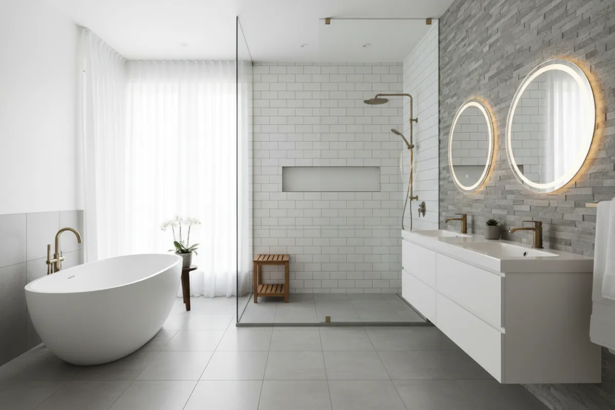 Renovated bathroom with glass walk-in shower, floating vanity, and elegant tilework. The space is bright, spacious, and spa-like, with modern finishes throughout.