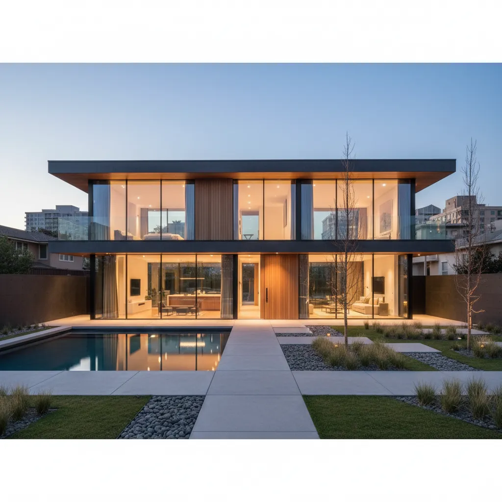 A contemporary two-story home with a flat roof, large glass panels, and minimalist landscaping. The urban setting and sleek design are highlighted by evening light, appealing to modern homeowners.