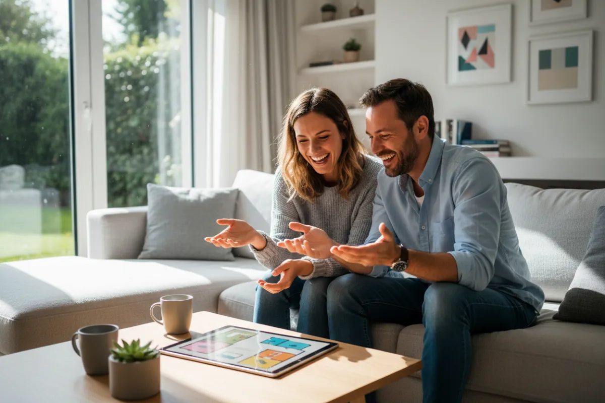 Couple reviewing digital floor plan on tablet in sunlit living room, both smiling and discussing options. Modern interior, casual clothing, collaborative atmosphere, diverse demographics.