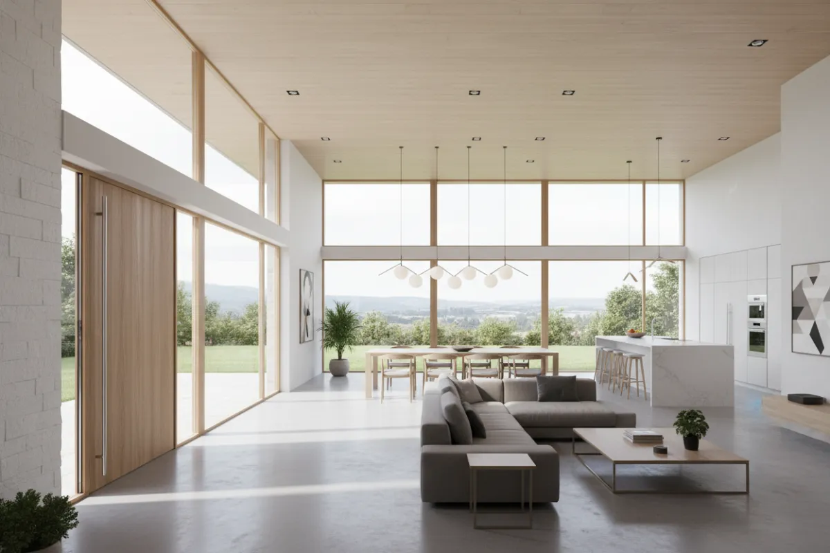 A bright, modern architectural rendering of a spacious open-concept home with large windows, abundant natural light, and a welcoming entryway. The scene features contemporary style, clean lines, and an inviting atmosphere, appealing to families and new homeowners seeking inspiration.