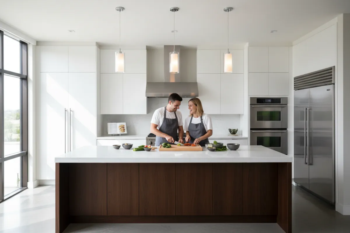 A contemporary chef’s kitchen with a large central island, stainless steel appliances, and a couple preparing a meal together. The space is bright and airy, with minimalist cabinetry and subtle accent lighting, creating a functional yet stylish environment.