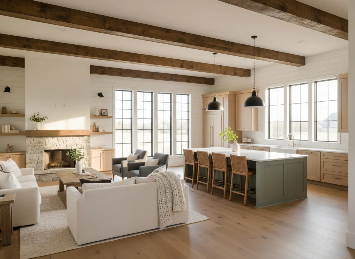 Modern farmhouse interior featuring open-concept living space with a cozy seating area, stone fireplace, and stylish kitchen with island, emphasizing comfort and custom design for barndominiums.