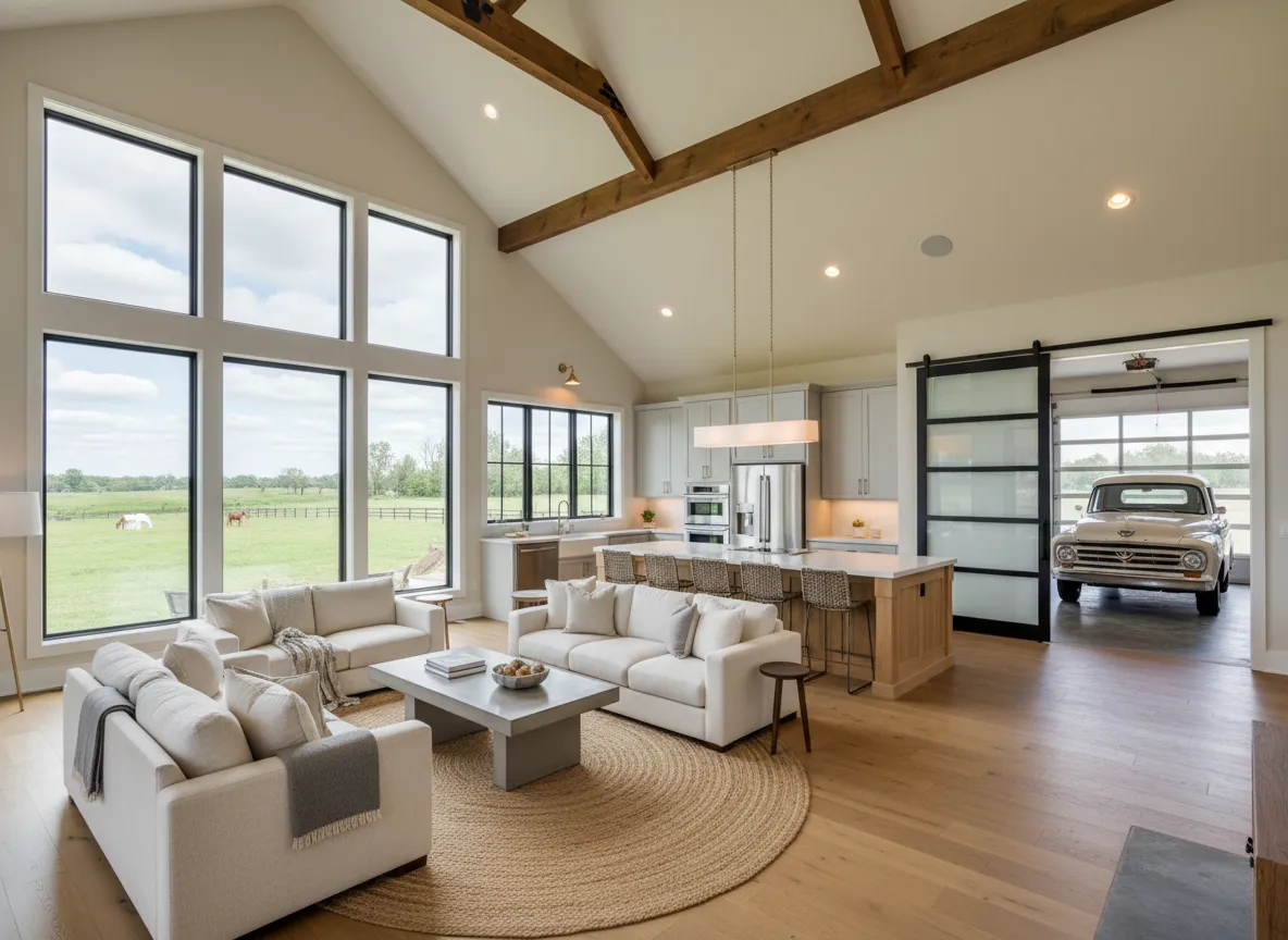 Open concept barndominium interior with large garage in Kentucky