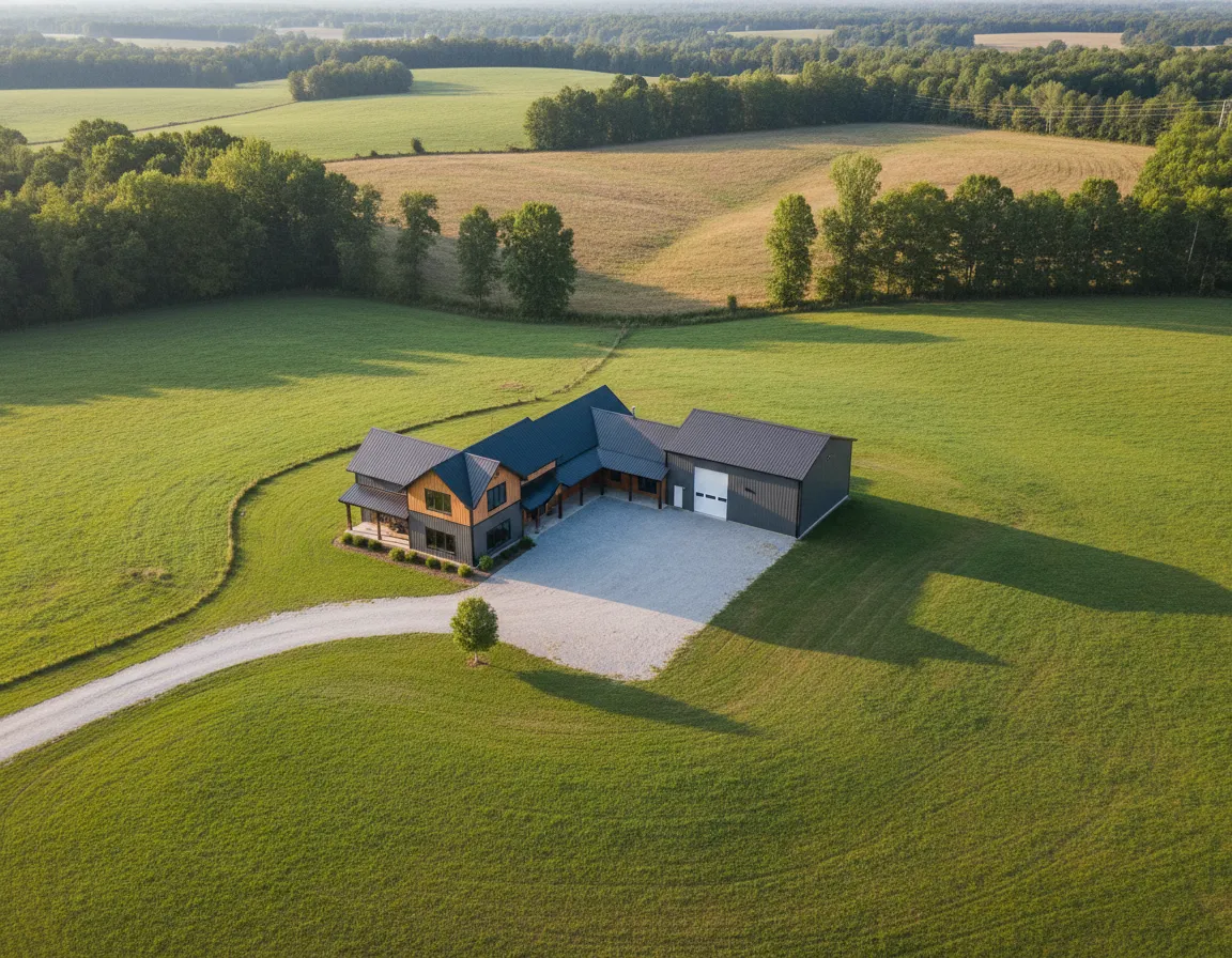 Aerial view of a modern barndominium with a spacious yard, integrated garage, and surrounding farmland in Kentucky, showcasing a blend of contemporary and rustic design elements.