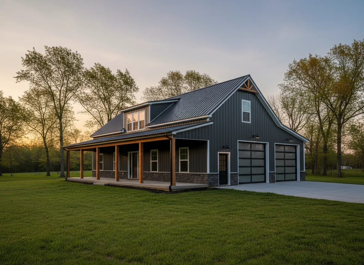 Modern barndominium with metal roof and large garage, surrounded by green lawn and trees, showcasing open living space ideal for rural Kentucky properties.