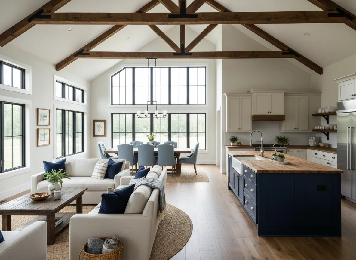 Open-concept living area in a modern barndominium featuring high ceilings, wooden beams, stylish kitchen island, and dining space with blue chairs, reflecting the inviting design ideal for families in Frankfort, Kentucky.
