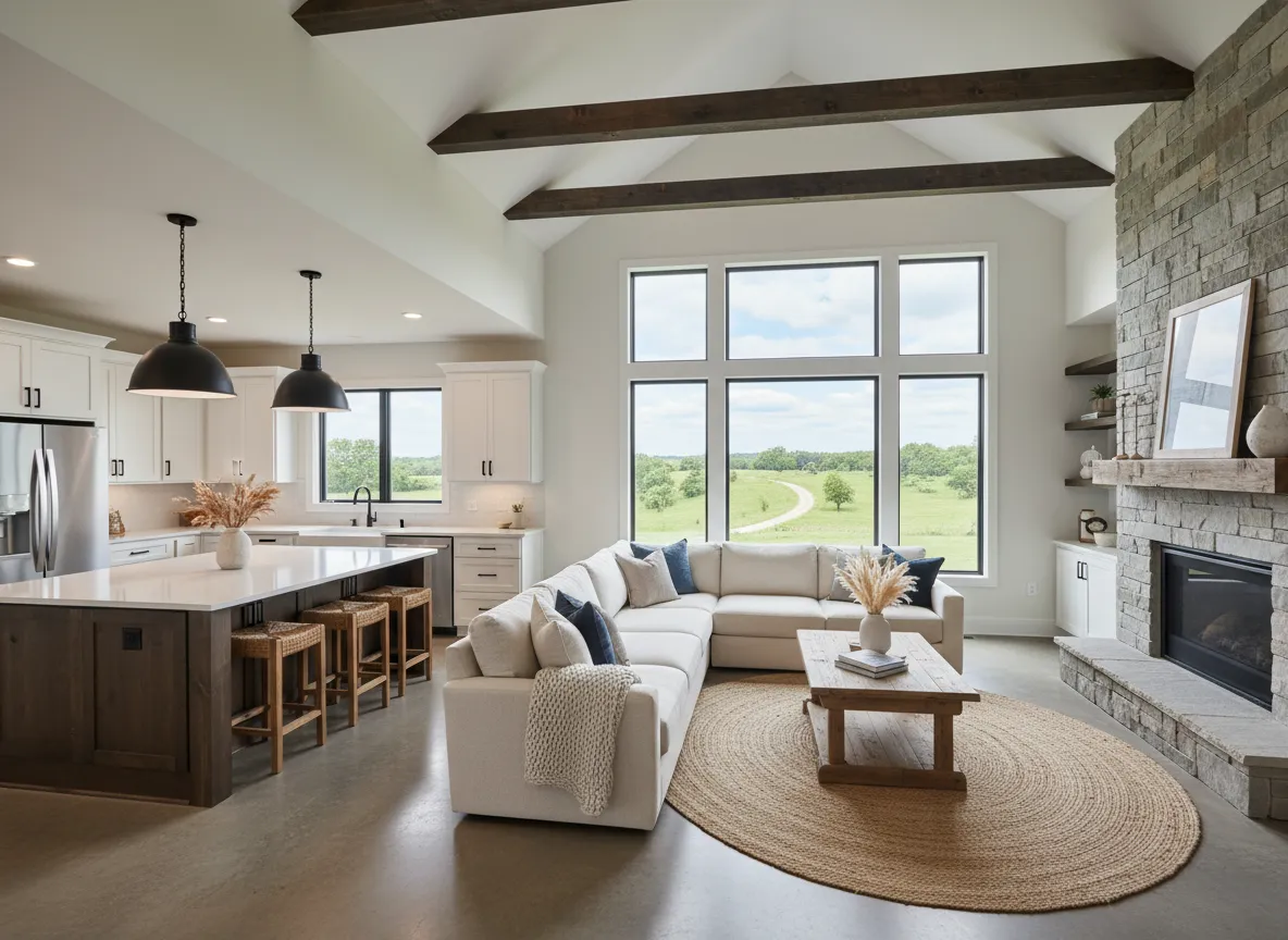 Modern barndominium interior featuring open kitchen with island, cozy living area with sectional sofa, large windows showcasing rural Kentucky landscape, and contemporary decor elements.