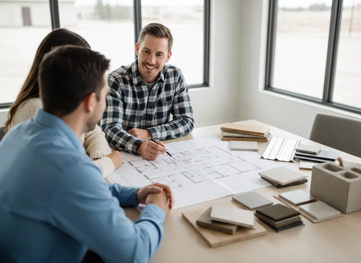 Couples Construction consultation meeting with clients discussing barndominium plans and material samples in Harrodsburg, Kentucky.