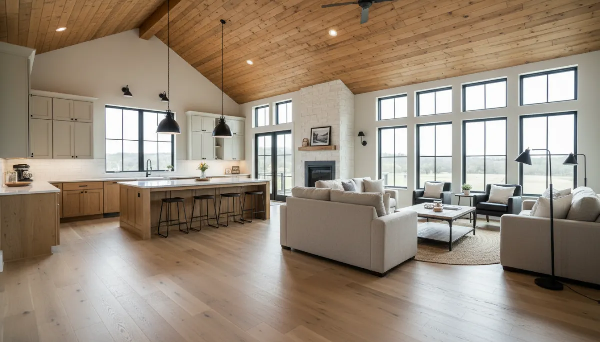 Modern barndominium interior featuring open-concept kitchen and living area, large windows, wooden beams, and cozy seating, designed for family living in rural Kentucky.