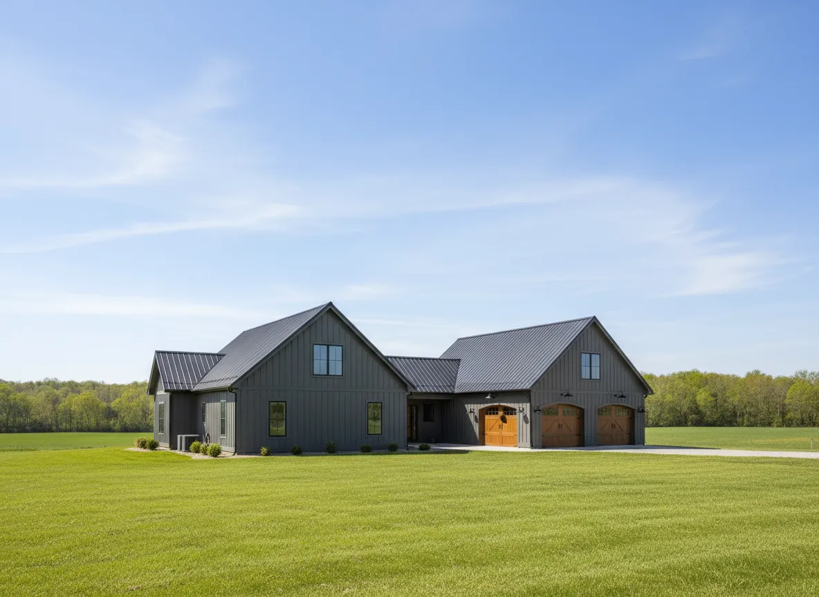 Modern barndominium in Central Kentucky featuring a metal roof, large garage doors, and expansive green lawn, illustrating the blend of rustic and contemporary design.