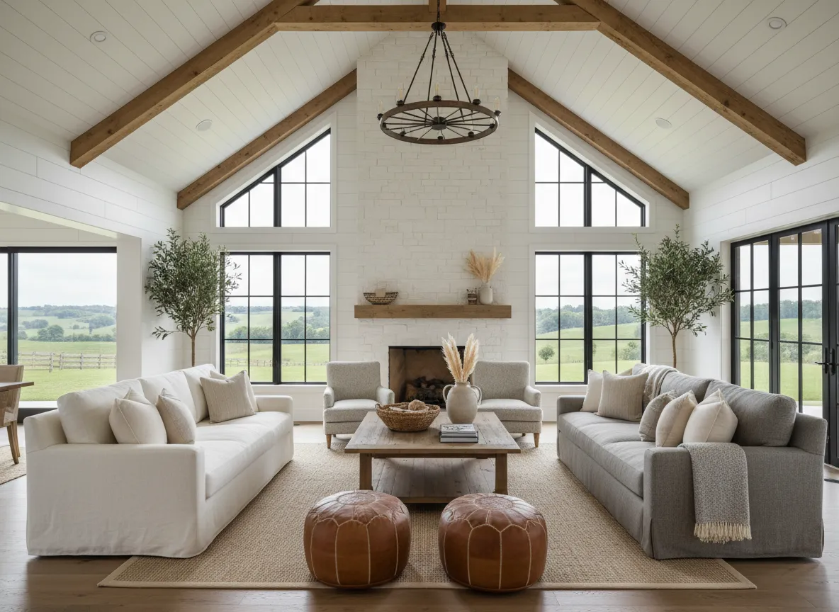 Modern farmhouse living room with high ceilings, large windows overlooking rural landscape, cozy seating, wooden accents, and decorative elements, emphasizing open space and comfort ideal for barndominium designs in Central Kentucky.