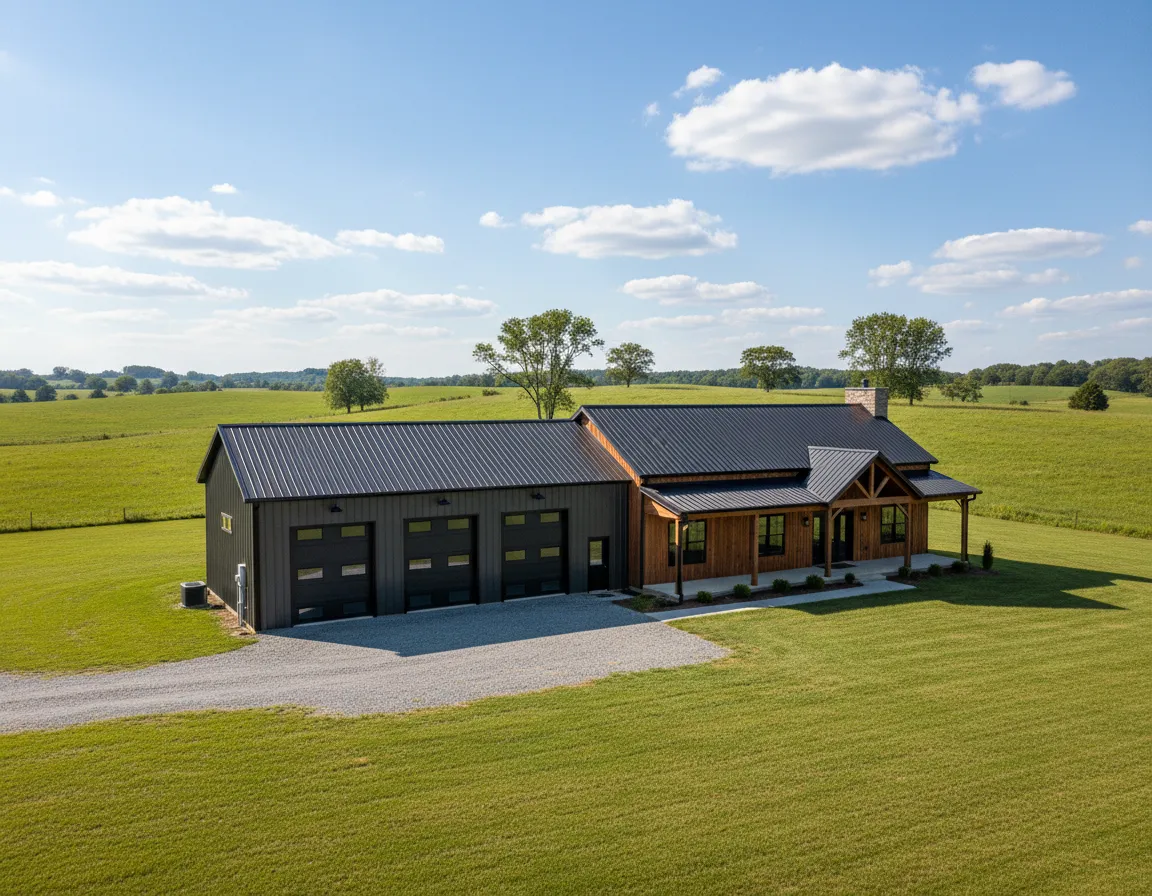 Custom barndominium in Lancaster, Kentucky, featuring a metal and wood exterior, large garage doors, and expansive green landscape, ideal for rural living.