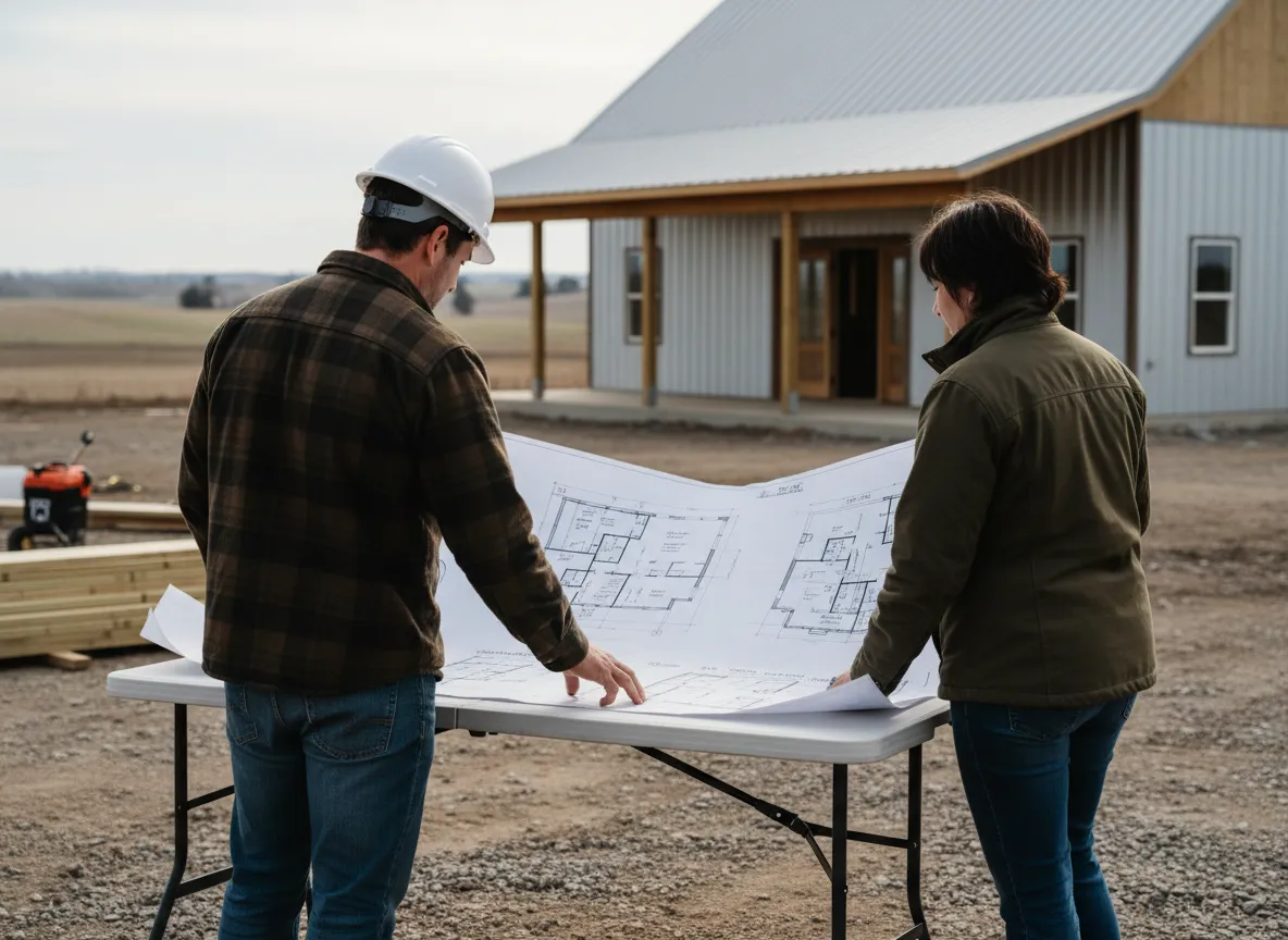 Couples Construction team reviewing barndominium blueprints outdoors, with a newly built metal home in the background, emphasizing custom design and rural living in Central Kentucky.