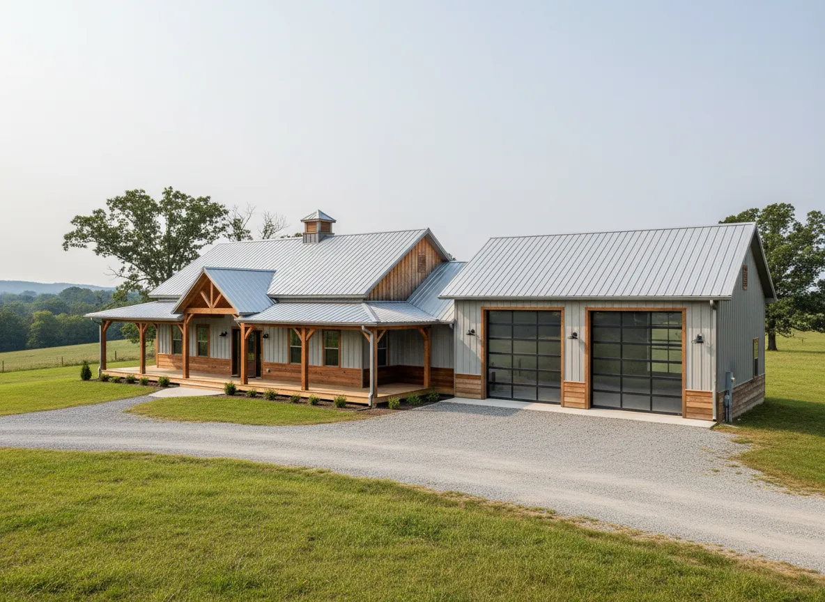 Custom barndominium with a modern farmhouse design, featuring a metal roof, wooden accents, and large garage doors, set on a spacious rural property in Central Kentucky.