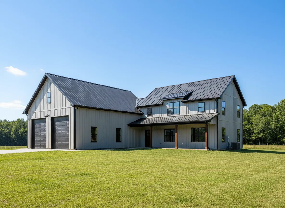 Custom barndominium by Couples Construction featuring a metal exterior, large garage doors, and spacious layout on a rural property in Stanford, Kentucky.