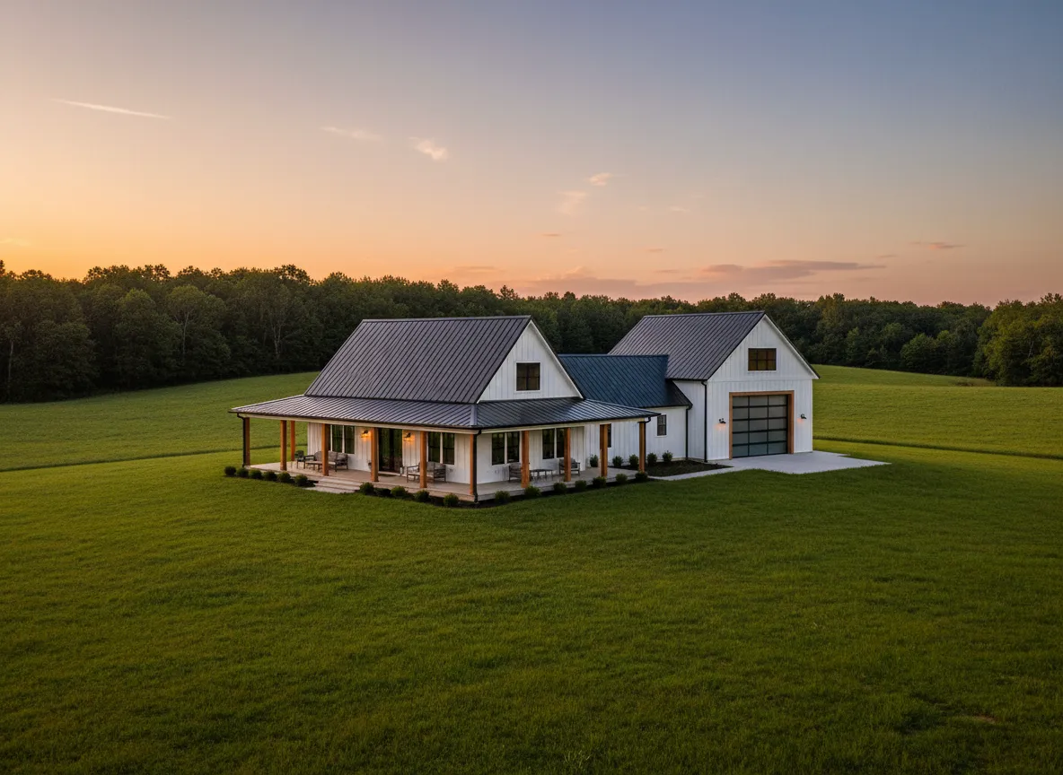Custom barndominium in Central Kentucky, featuring a modern design with a spacious porch, surrounded by open green fields and trees at sunset.