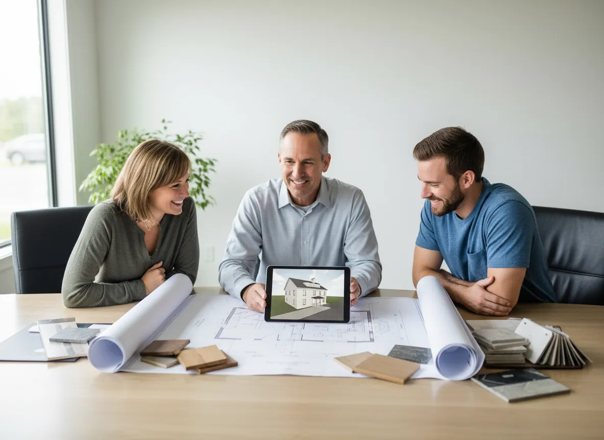 Family reviewing custom home plans with a builder in Danville Kentucky
