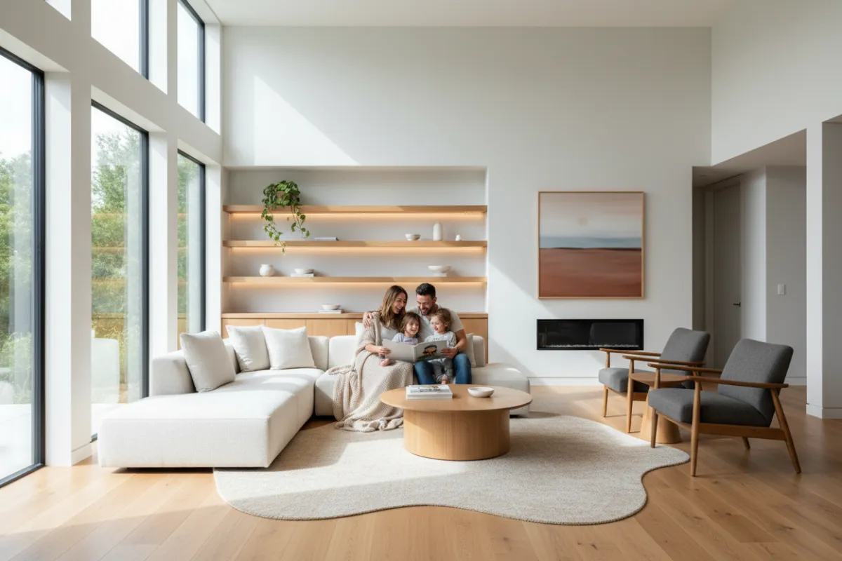 An open-concept living room filled with natural light, featuring modern furniture, a family enjoying a cozy moment, warm wood accents, and a neutral color palette. The space feels inviting and functional, highlighting the comfort and versatility of custom design.