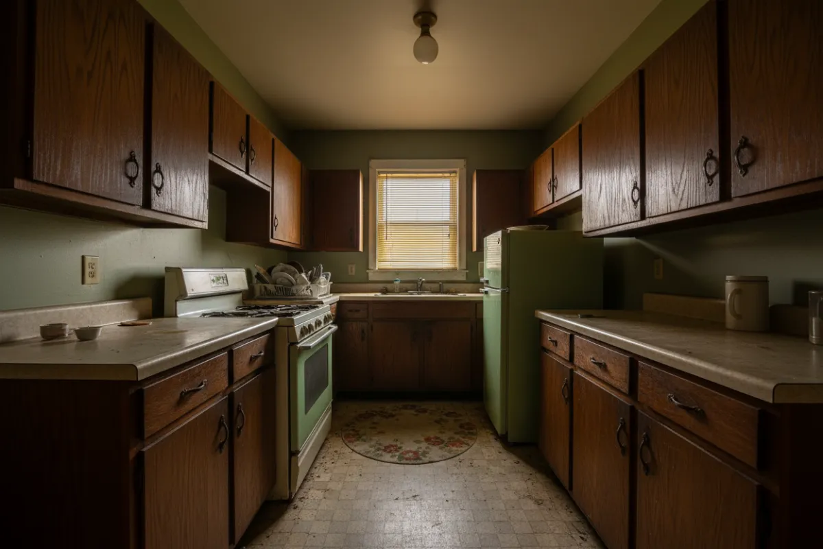 Outdated kitchen with dark cabinets, worn countertops, and poor lighting. The space feels cramped and dated, lacking modern amenities or style.