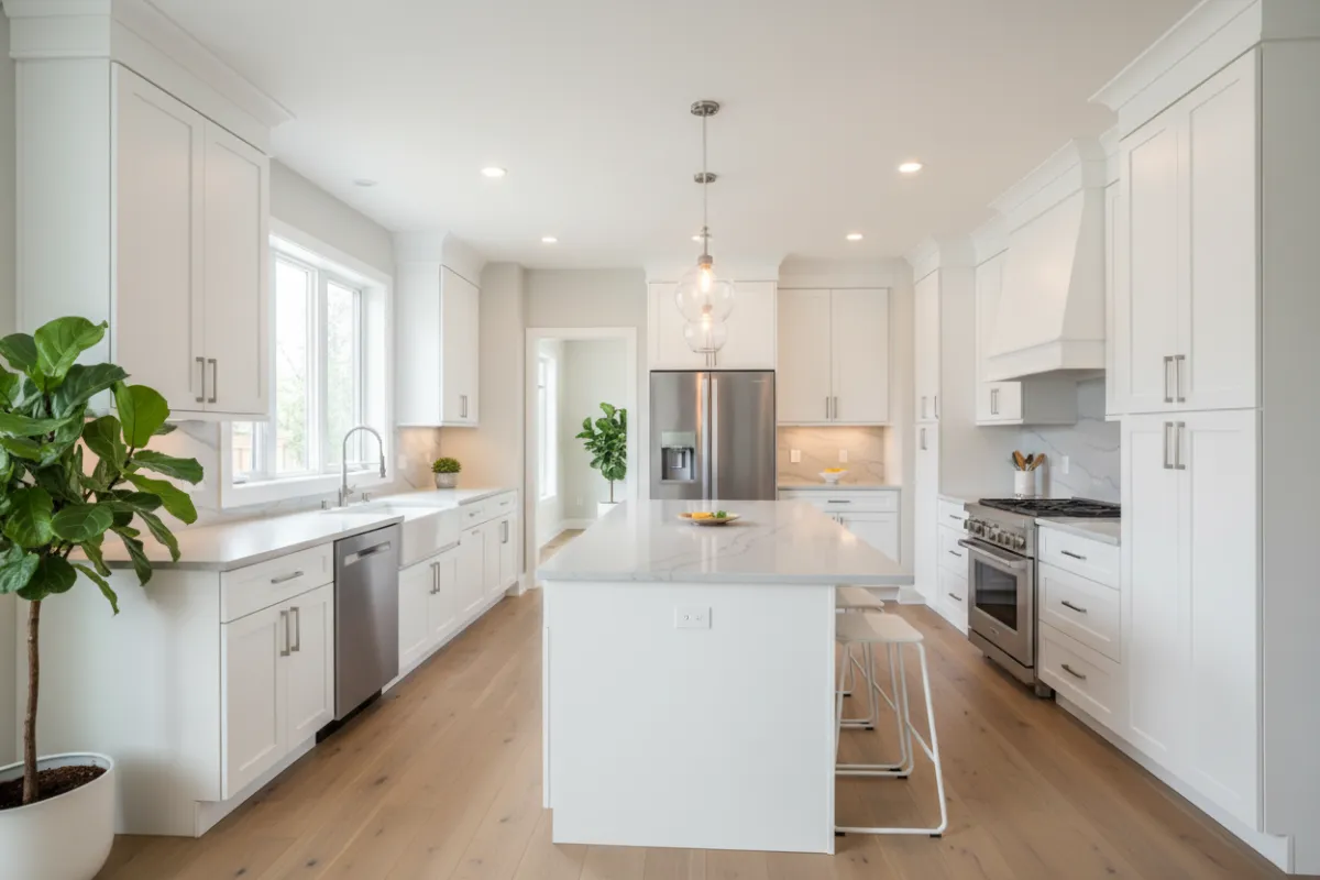 Transformed kitchen with white cabinetry, quartz countertops, stainless appliances, and pendant lighting. The space is open, bright, and modern, with a welcoming atmosphere.