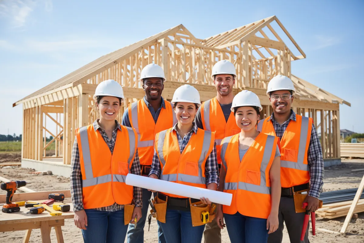 A diverse team of construction professionals in bright safety vests and hard hats, smiling together at a modern home build site under clear daylight, with tools and blueprints visible, conveying teamwork and trust.