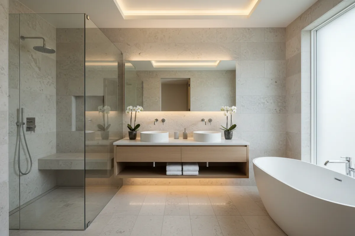 A renovated bathroom featuring a walk-in glass shower, double vanity, and natural stone accents. The space exudes a spa-like ambiance with contemporary fixtures and soft lighting, presented in a 3:2 aspect ratio.