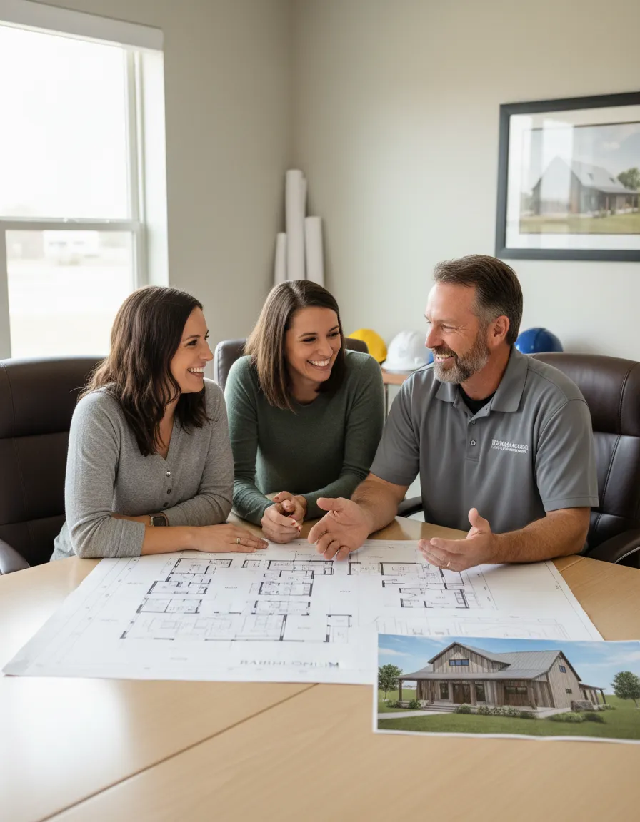 Couple reviewing custom barndominium plans with a builder in Central Kentucky
