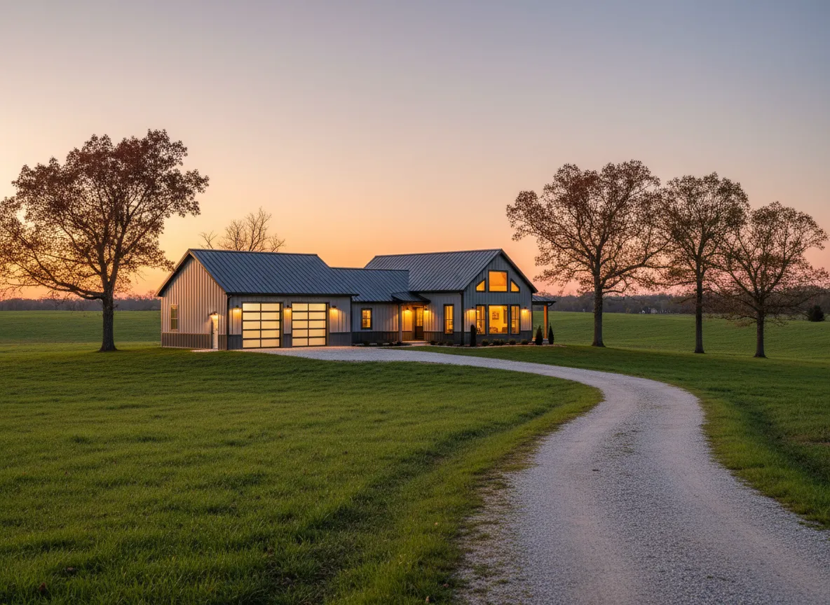Custom barndominium in Danville, Kentucky, featuring modern architecture, large windows, and a welcoming entrance, surrounded by green fields and trees at sunset.