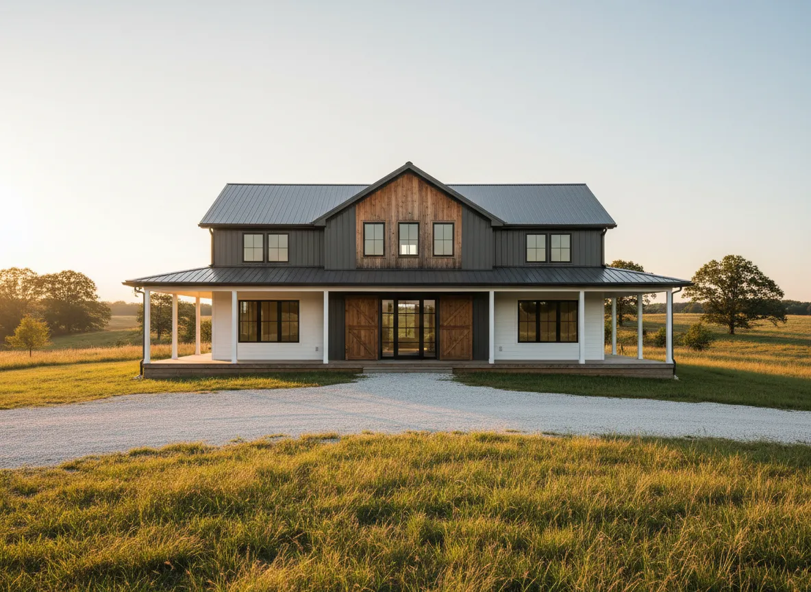 Custom barndominium in Lancaster, Kentucky, featuring a modern farmhouse design with a metal roof, wooden accents, and a spacious porch on a rural property.