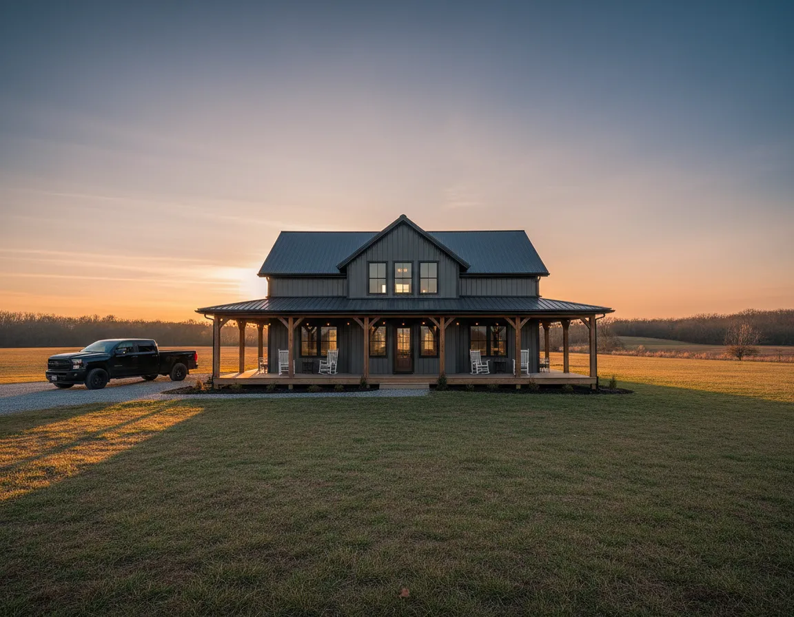 Modern farmhouse-style barndominium with a porch, surrounded by open fields at sunset, featuring a black pickup truck parked nearby.