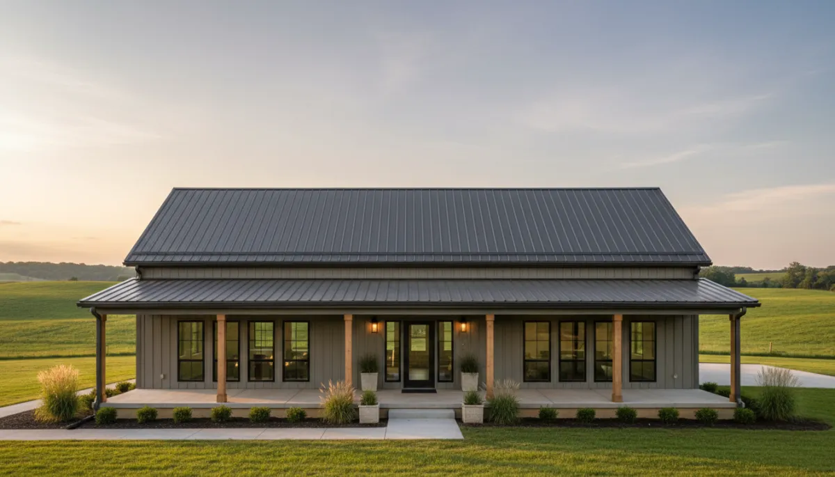 Custom barndominium with modern farmhouse design, featuring a metal roof, large windows, and landscaped entry, set against a rural Central Kentucky backdrop.