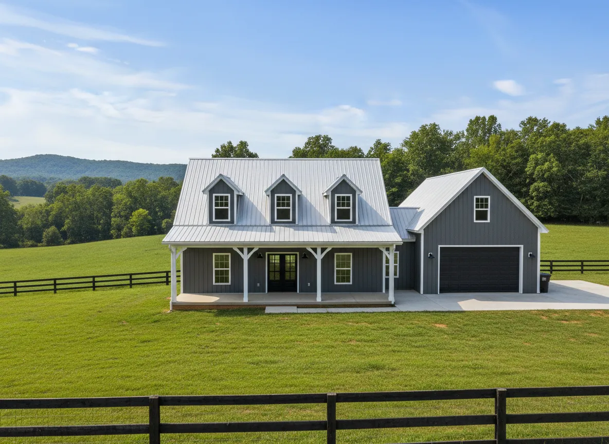 Custom barndominium in Harrodsburg, Kentucky, featuring a modern design with a metal roof, surrounded by green fields and a wooden fence, showcasing rural living.