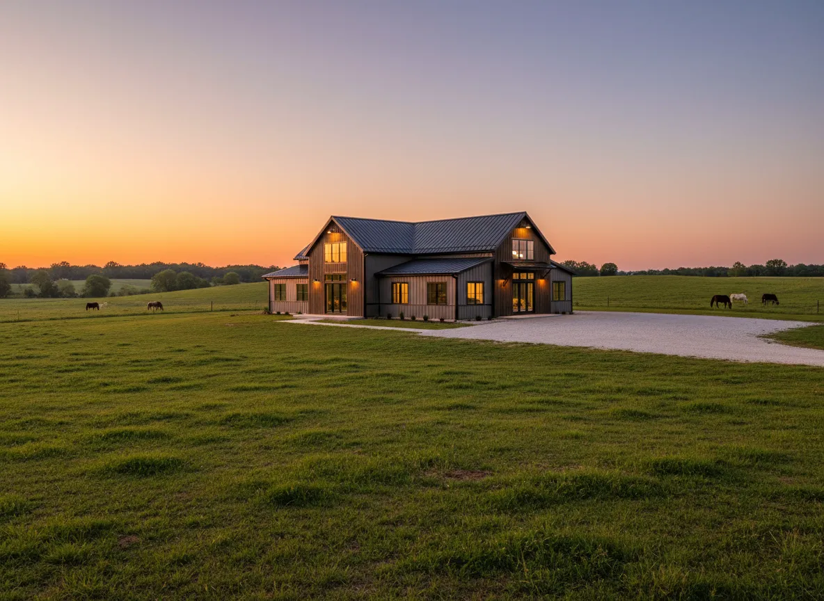 Custom barndominium in Kentucky at sunset with expansive green lawn and grazing horses, showcasing modern farmhouse design elements.