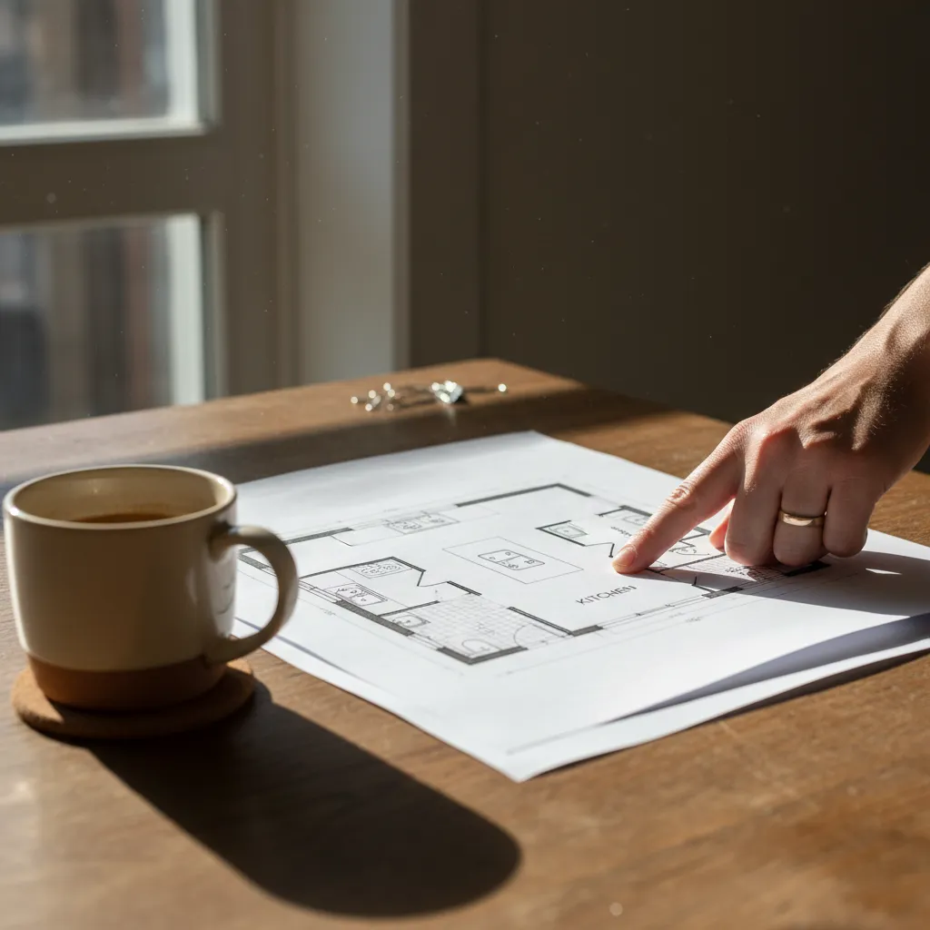 A printed floor plan is laid out on a table, with a hand pointing to the kitchen area. A coffee mug sits nearby, and natural light streams onto the workspace, creating a homey, inviting atmosphere.