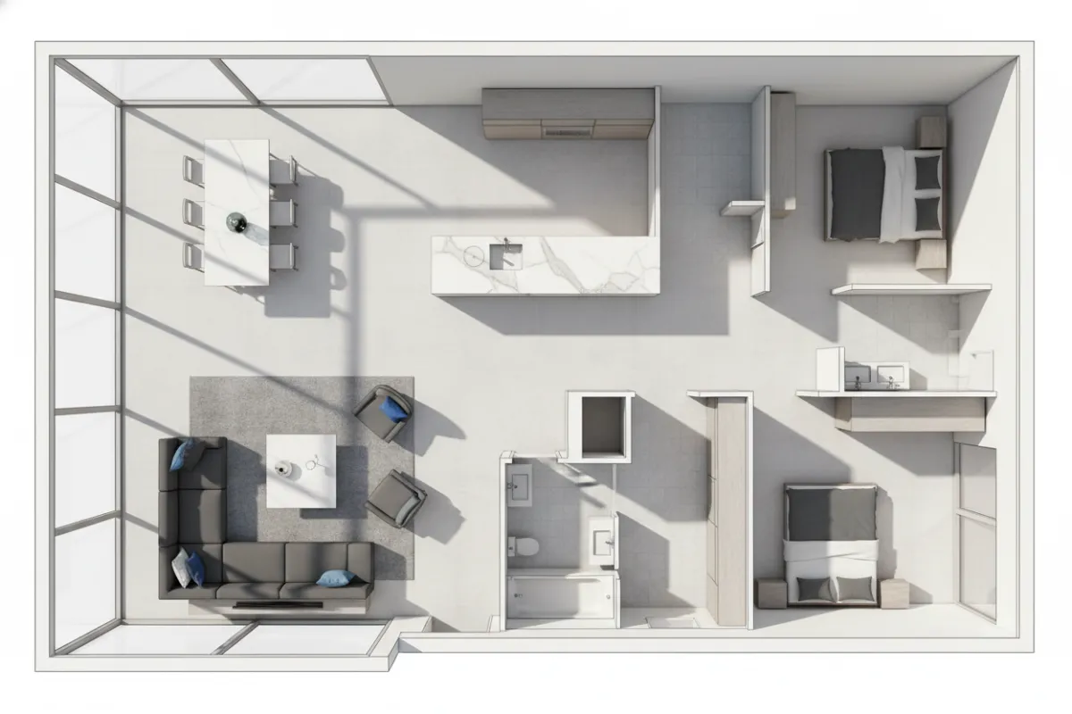 Modern architectural floor plan illustration with clean lines, open living spaces, and natural light, viewed from above, in a contemporary style