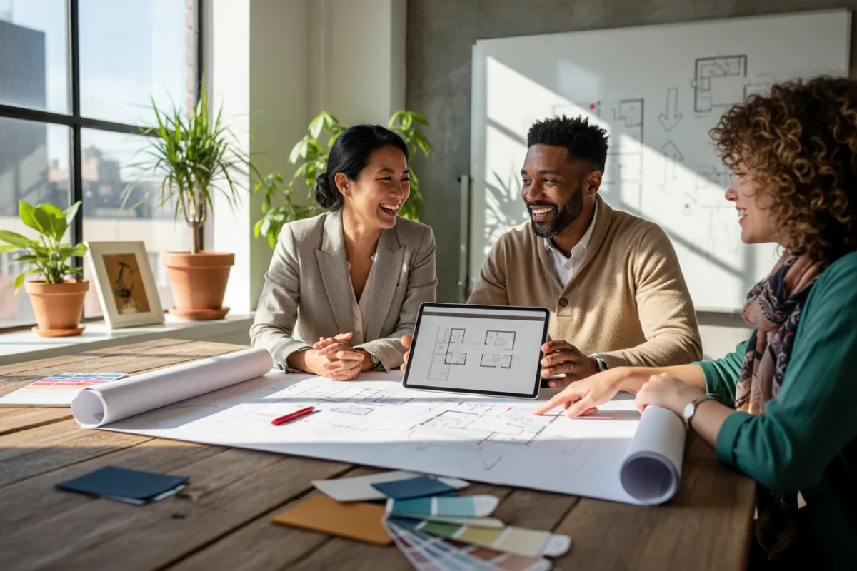 Architect and client reviewing floor plan changes, diverse team, creative workspace, collaborative process