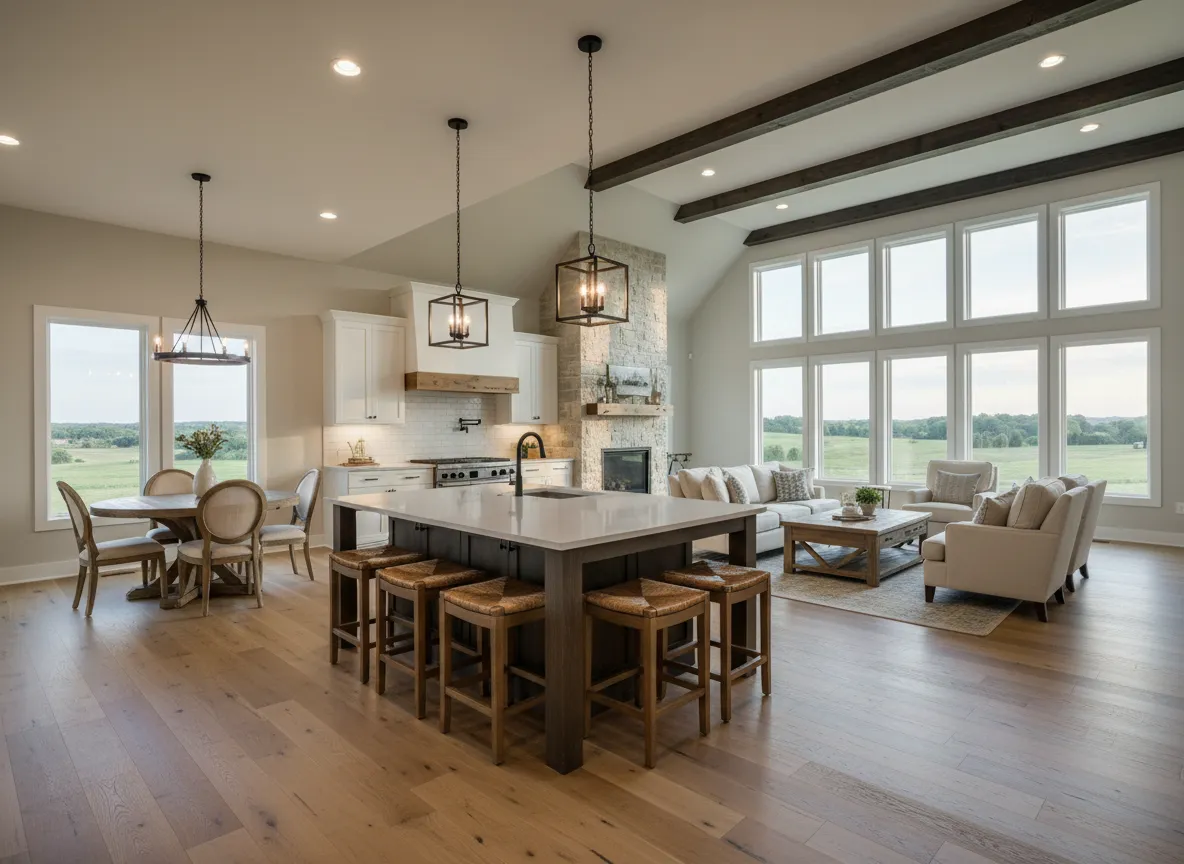 Modern barndominium interior featuring open kitchen and living area, large windows with scenic views, dining table, and cozy seating arrangement.