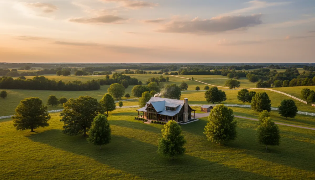 Aerial view of a custom barndominium surrounded by lush green fields and trees in rural Kentucky, showcasing the serene landscape ideal for building homes in Nicholasville and Jessamine County.