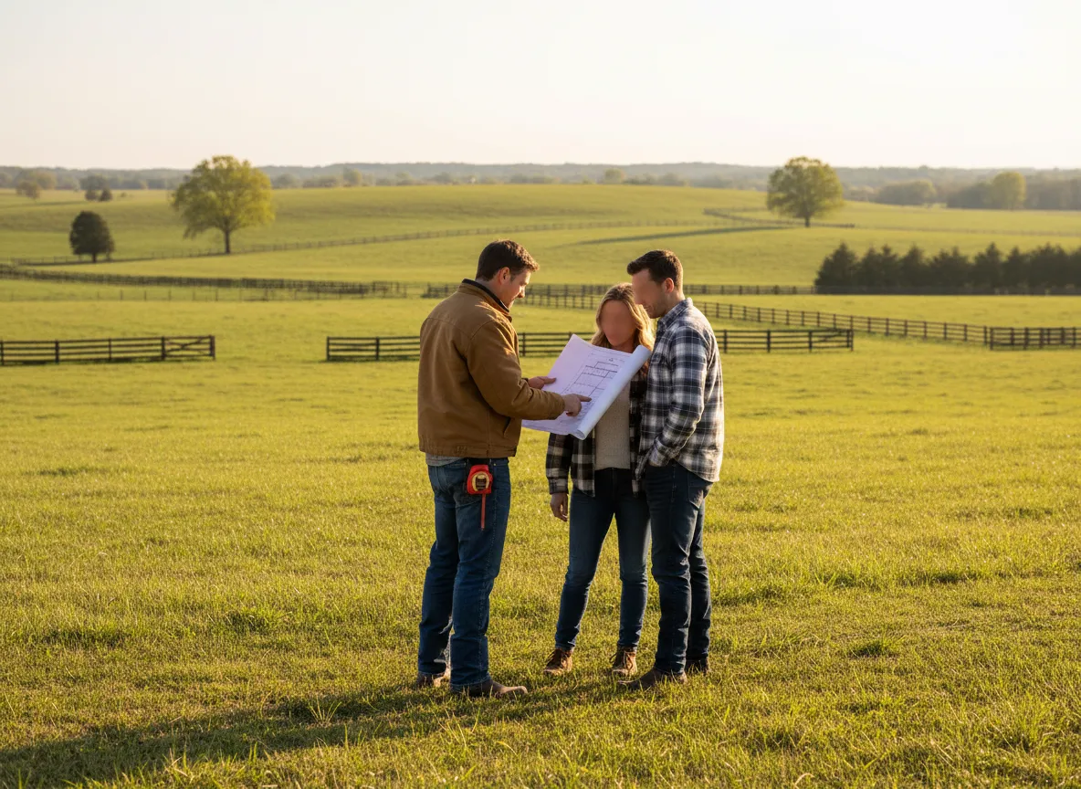 Couples discussing barndominium plans with contractor in a scenic Central Kentucky field, emphasizing custom home building in Harrodsburg and surrounding areas.