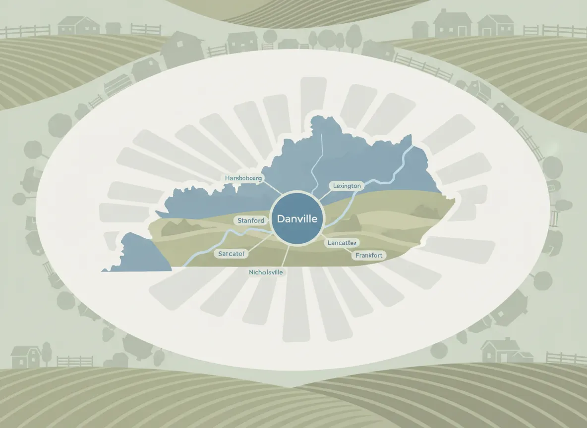 Map of Kentucky highlighting Danville and surrounding areas including Harrodsburg, Stanford, Lexington, Lancaster, and Frankfort, with agricultural landscape background.
