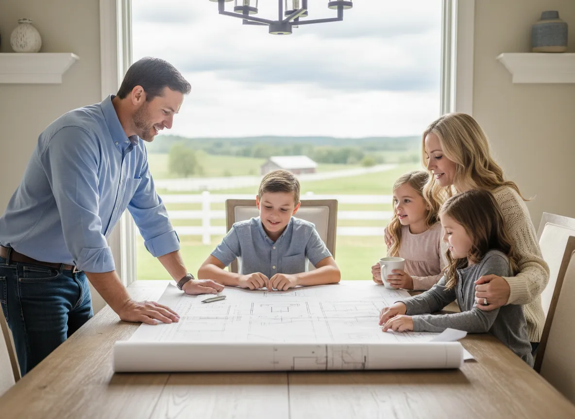 Family discussing custom home design with builder