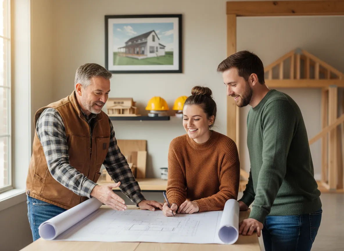 Three people discussing home construction plans over blueprints in a well-lit workspace, with a framed image of a modern farmhouse in the background, emphasizing Couples Construction's custom home building services in Lexington, Kentucky.