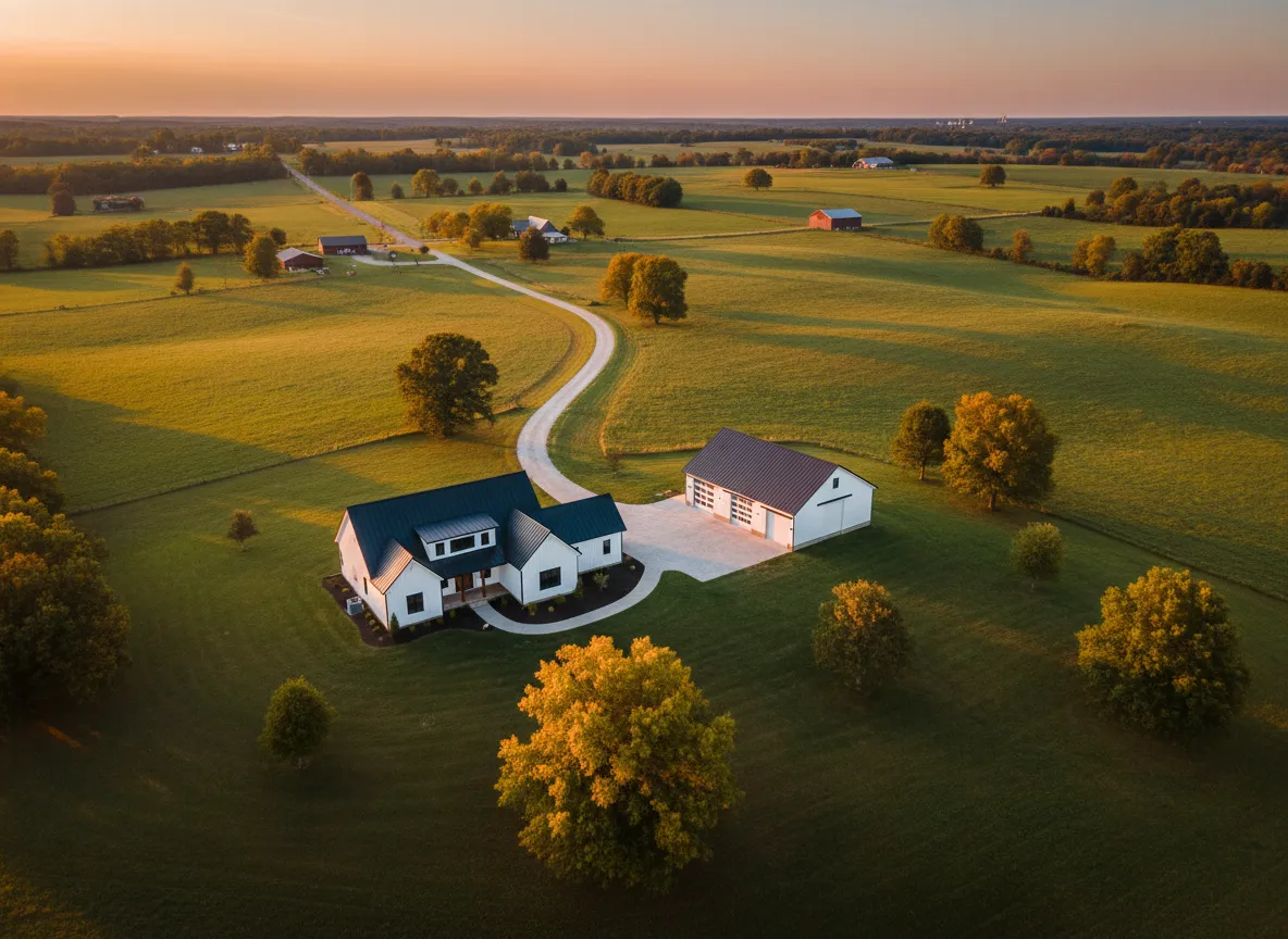 Aerial view of a modern barndominium and garage on a spacious lot in Central Kentucky, surrounded by lush green fields and a winding driveway, showcasing the rural setting ideal for custom home building.