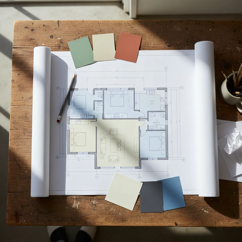 A bird’s-eye view of a detailed architectural floor plan spread out on a wooden table, surrounded by color swatches and a pencil. The bright, creative workspace suggests the process of selecting and personalizing home layouts.