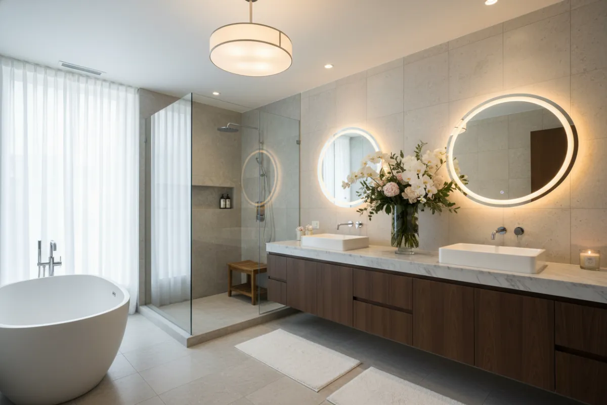A luxury master bathroom with double vanity, walk-in shower, and modern lighting. A vase of fresh flowers adds a touch of color to the serene, spa-like space.